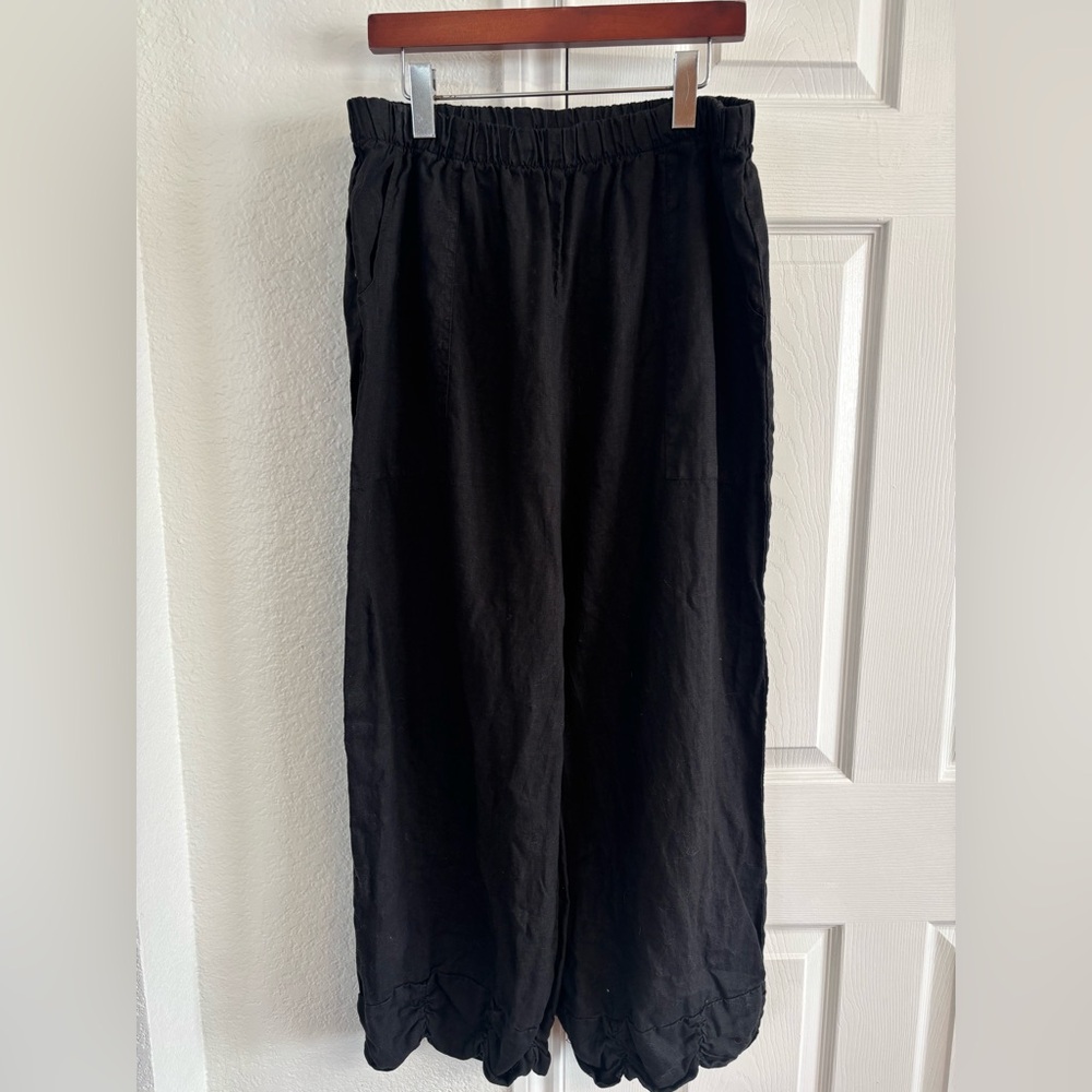 La. Fixsun Black Wide Leg‎ Ruffled Cropped Linen Pull-on Pants Size L
